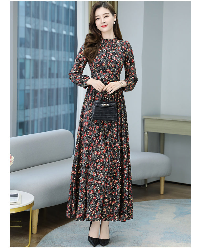 Summer Floral Print Maxi Dress for Women Casual Long Sleeve O-neck High Waist Long Dress