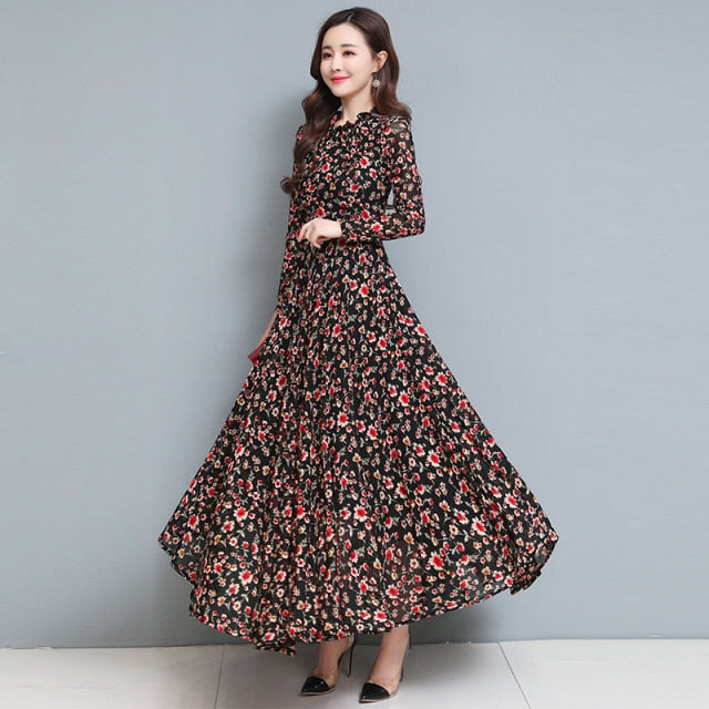 Summer Floral Print Maxi Dress for Women Casual Long Sleeve O-neck High Waist Long Dress