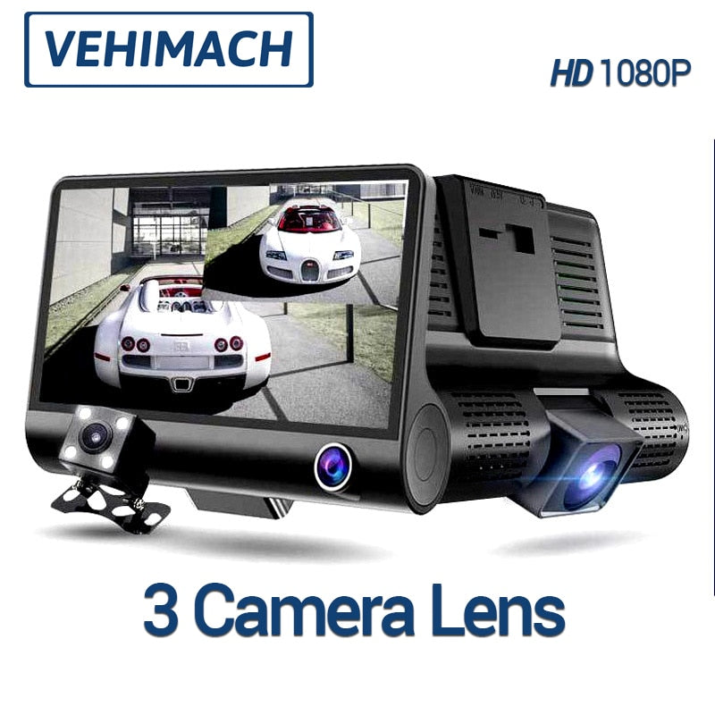 4 Inch Three-Lens DVR Dash Cam Inside/Outside Dual-Recording Dash Cam FHD Night Vision Wide-Angle Reversing Image Registrator