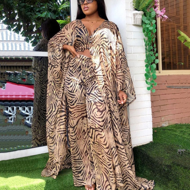 Summer Chiffon Pants Sets for African Ladies Printed Loose Batwing Sleeve Fashion Elegant Evening Night Party Matching Sets Hot