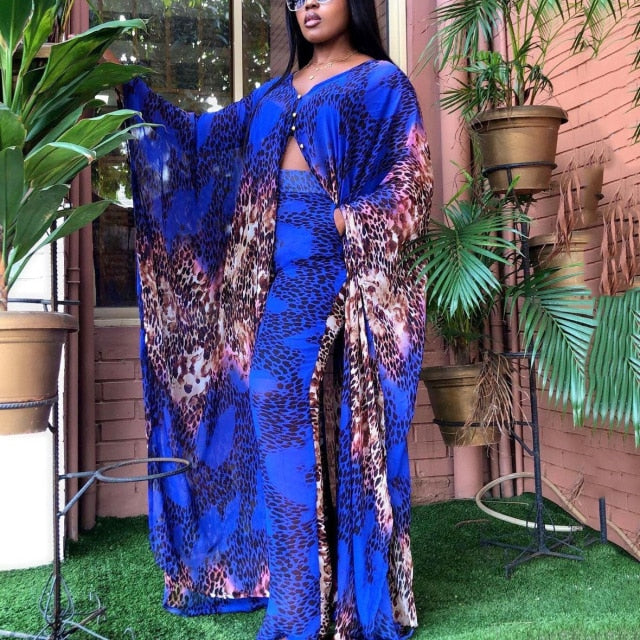 Summer Chiffon Pants Sets for African Ladies Printed Loose Batwing Sleeve Fashion Elegant Evening Night Party Matching Sets Hot