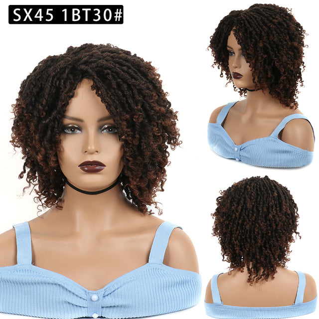 Black Brown Short Curly Synthetic Braided Dreadlock Wig