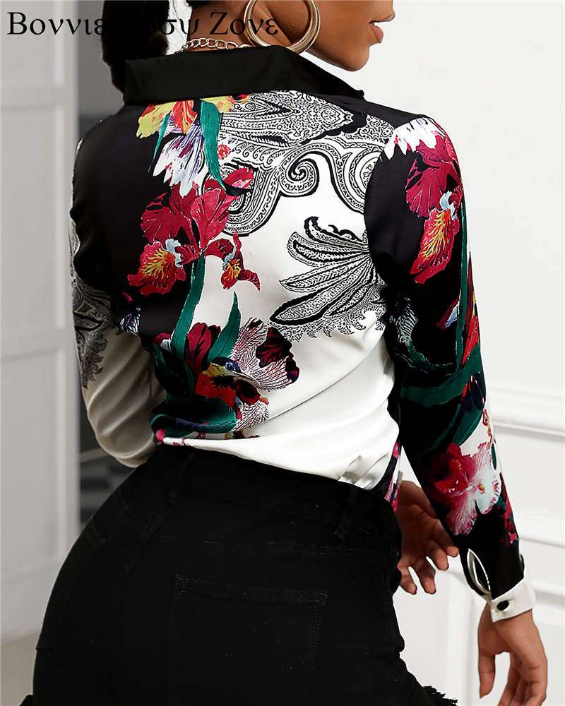 Phoenix Print Women Turn-down Collar Buttoned Design  Long Sleeve Shirt Oversized Blouse