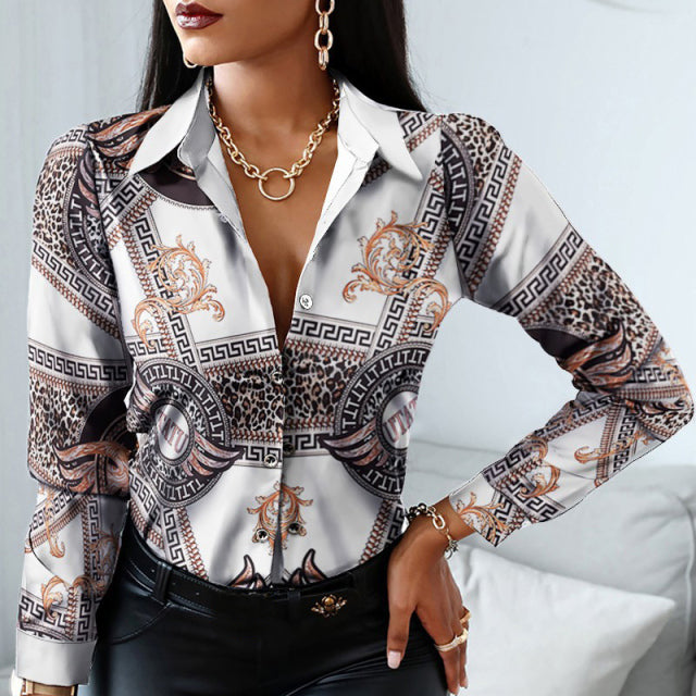Elegant Scarf Chain Print Button Design Spring Autumn Officewear Shirt