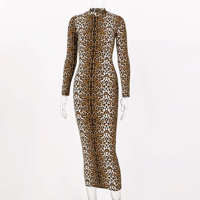 leopard print autumn winter long sleeve slim bodycon dress