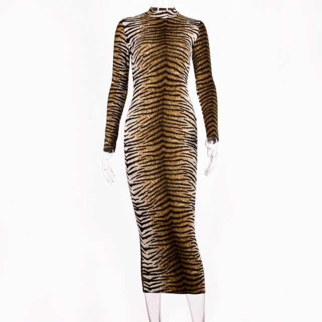 leopard print autumn winter long sleeve slim bodycon dress