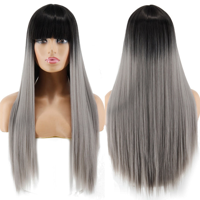Blonde Long Straight Wig with Bangs Synthetic