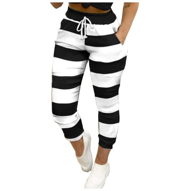 women Casual Vintage Elastic Waist Striped Pants Pocket Flared Wide Leg Pants