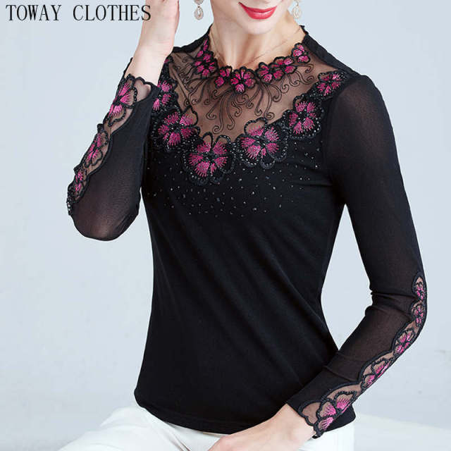 Female Black Casual Long Sleeve V-Neck Shirt Top Studded Design.