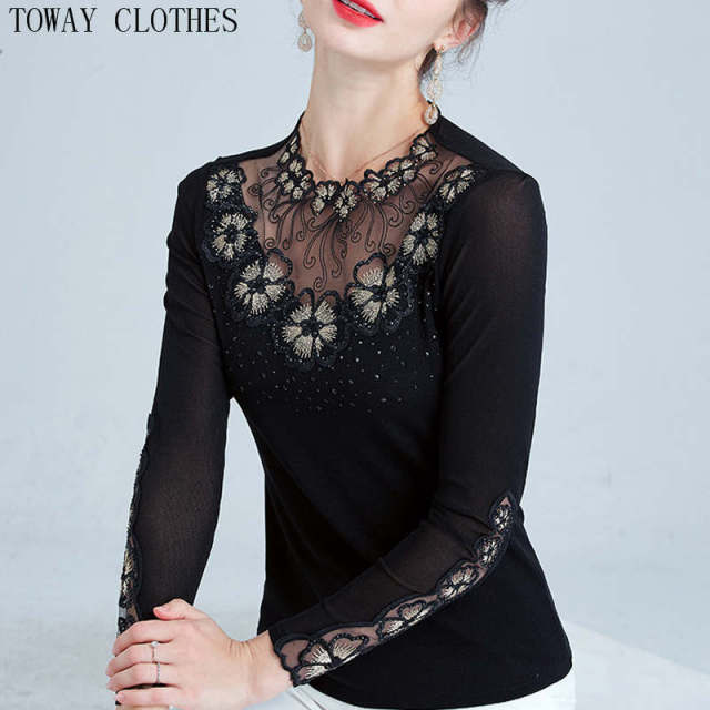 Female Black Casual Long Sleeve V-Neck Shirt Top Studded Design.