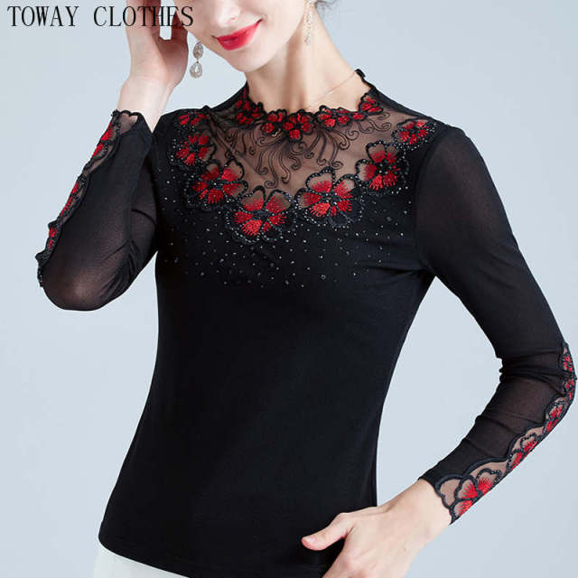 Female Black Casual Long Sleeve V-Neck Shirt Top Studded Design.