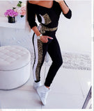 Two-Piece set Women Casual Suit V-neck Long Sleeve, T-Shirt Top + Leopard Stripe Sports Pants