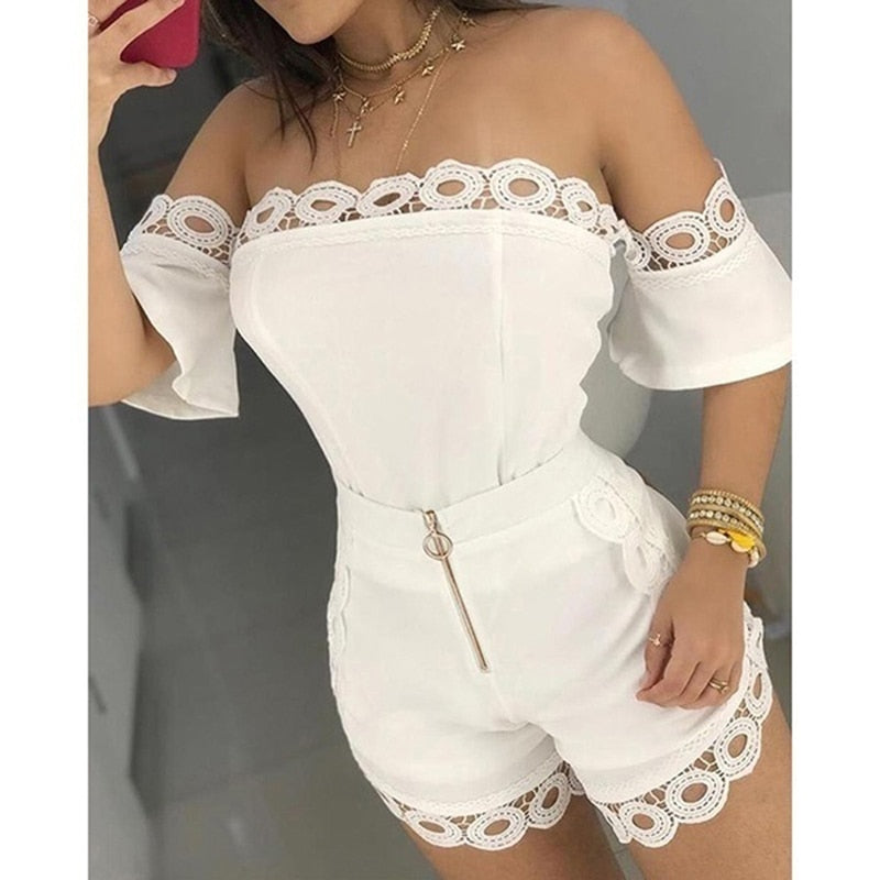 Twill Collar Short Sleeve Lace Floral Sexy Women Jumpsuit