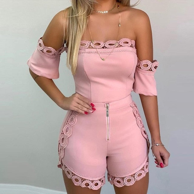 Twill Collar Short Sleeve Lace Floral Sexy Women Jumpsuit