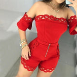 Twill Collar Short Sleeve Lace Floral Sexy Women Jumpsuit
