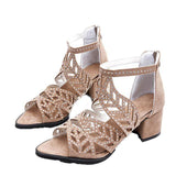 Hollow Out Faux Leather Thick Heel Zipper Sandals Shoes