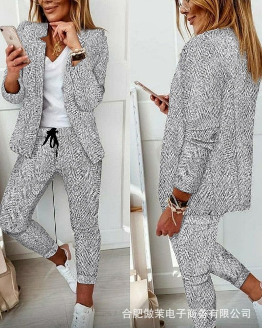 Autumn 2021  Elegant Female Stylish Print Blouse Pant Suits Tracksuit Casual Outfit for Jogging