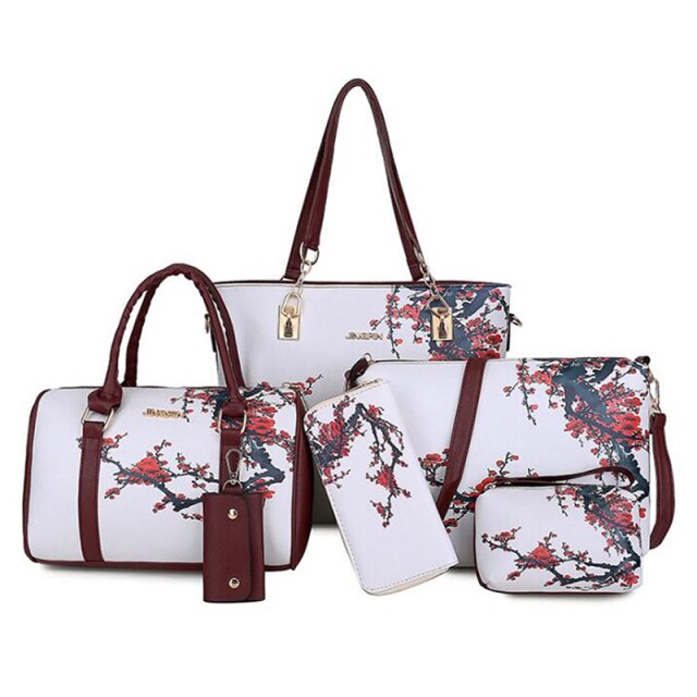 6 Pieces Set Chinese Style Floral Printing Designer Women Handbag