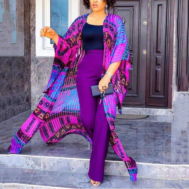3 Pieces Set African Ladies Printed Outwears Chiffon Clothing Set