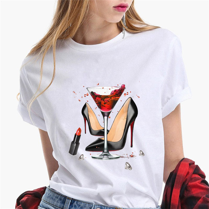 Fashion T Shirt Woman T-Shirt Wine Print t shirt Casual O-neck Summer Female Tee Shirts Graphic Female Tee Tops