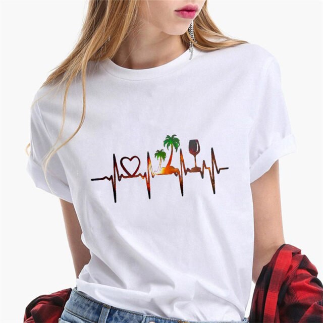 Fashion T Shirt Woman T-Shirt Wine Print t shirt Casual O-neck Summer Female Tee Shirts Graphic Female Tee Tops