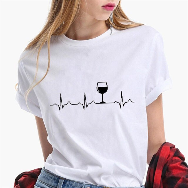 Fashion T Shirt Woman T-Shirt Wine Print t shirt Casual O-neck Summer Female Tee Shirts Graphic Female Tee Tops