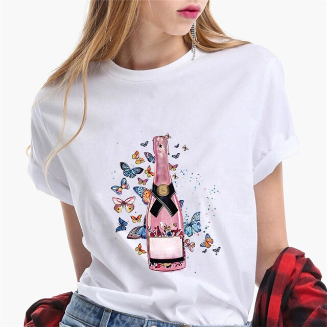 Fashion T Shirt Woman T-Shirt Wine Print t shirt Casual O-neck Summer Female Tee Shirts Graphic Female Tee Tops