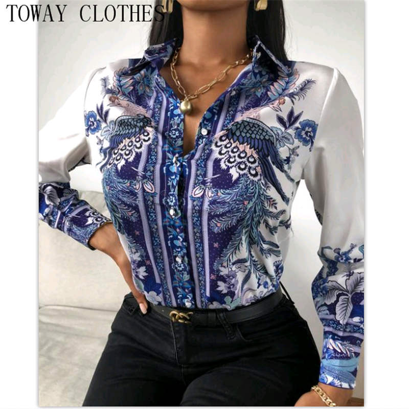 Women Chiffon Blouse Turn-down Collar Colorblock Phoenix Print Long Sleeve Shirt