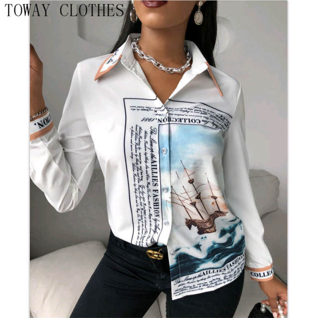 Women Chiffon Blouse Turn-down Collar Colorblock Phoenix Print Long Sleeve Shirt