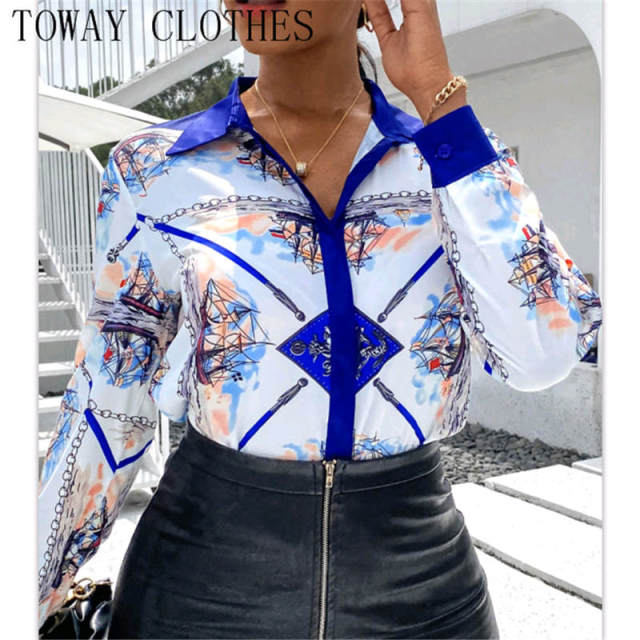 Women Chiffon Blouse Turn-down Collar Colorblock Phoenix Print Long Sleeve Shirt