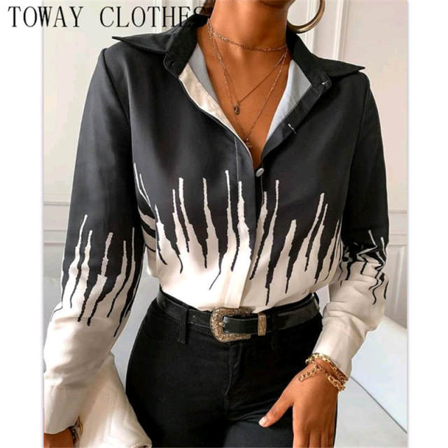 Women Chiffon Blouse Turn-down Collar Colorblock Phoenix Print Long Sleeve Shirt