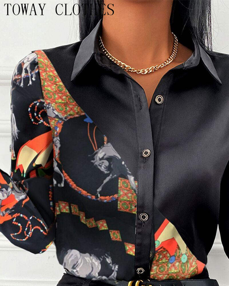 Women Casual Shirt Turn-down Collar Baroque Print Long Sleeve Button Design