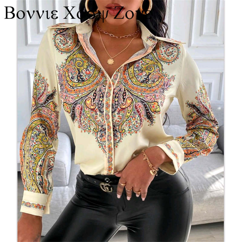 Women Spring Summer Collar Chic Blouse Tops Paisley Print Long Sleeve Satin Shirt