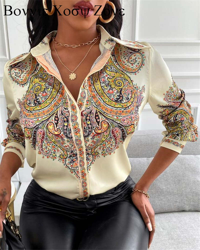 Women Spring Summer Collar Chic Blouse Tops Paisley Print Long Sleeve Satin Shirt