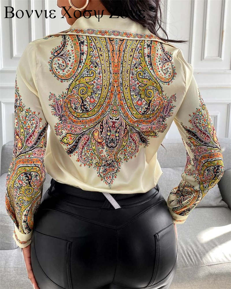 Women Spring Summer Collar Chic Blouse Tops Paisley Print Long Sleeve Satin Shirt