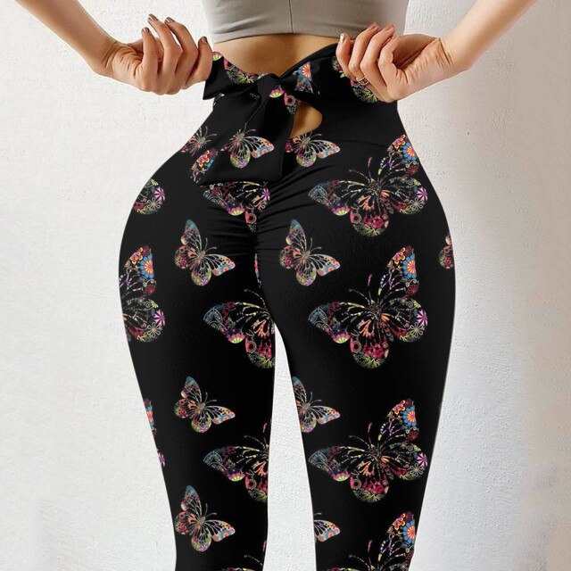 Sexy Women Sports Trousers Butterfly Printing Push Up High Waist Stretch Fitness Tight Leggings