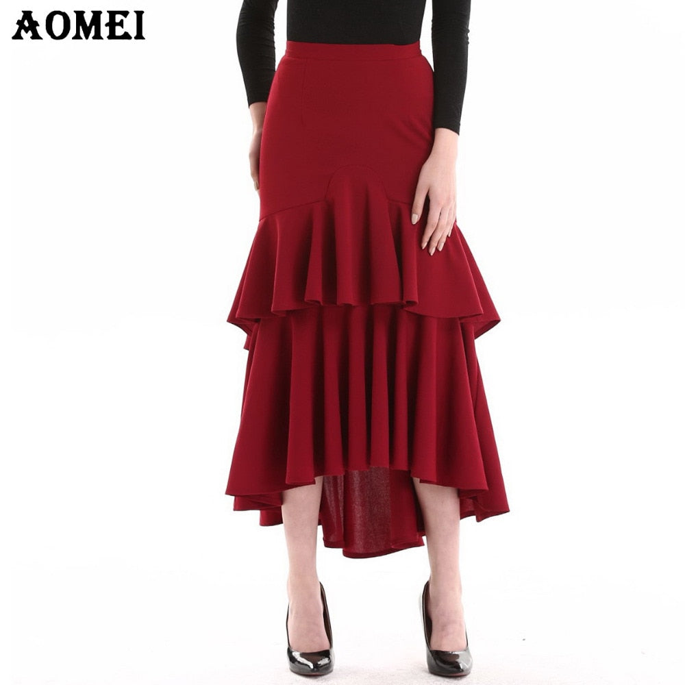 Ladies Ruffles Cake Irregular Skirt Wine Red Color High Waist Female Elegant Party Wear