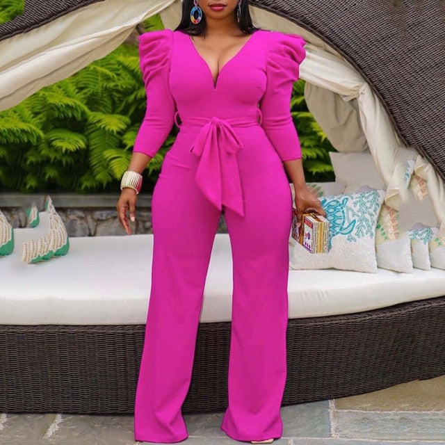 2023 Autumn Fall Women Jumpsuits Pink Puff Sleeve High Waisted V Neck Elegant Evening Night Rompers Cloth