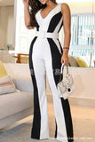 Women black and white contrast color slim fit jumpsuit