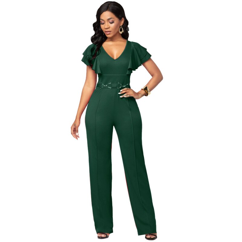 V Collar Short Sleeve Ruffles Women Baggy  Rompers Jumpsuit