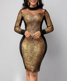 Sexy Party Long Sleeve Patchwork Bodycon Midi Dress