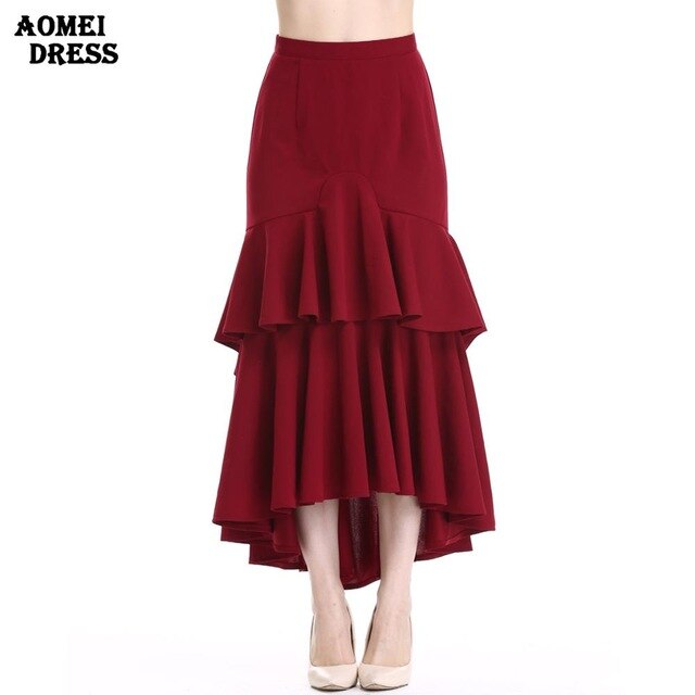 Ladies Ruffles Cake Irregular Skirt Wine Red Color High Waist Female Elegant Party Wear