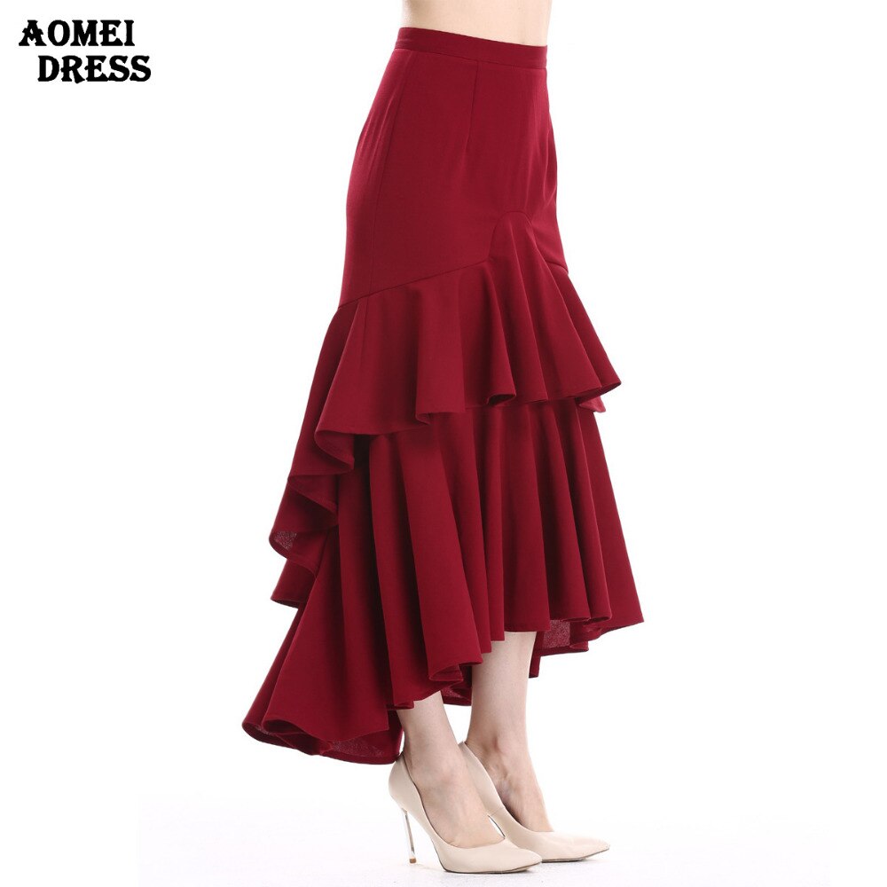 Ladies Ruffles Cake Irregular Skirt Wine Red Color High Waist Female Elegant Party Wear