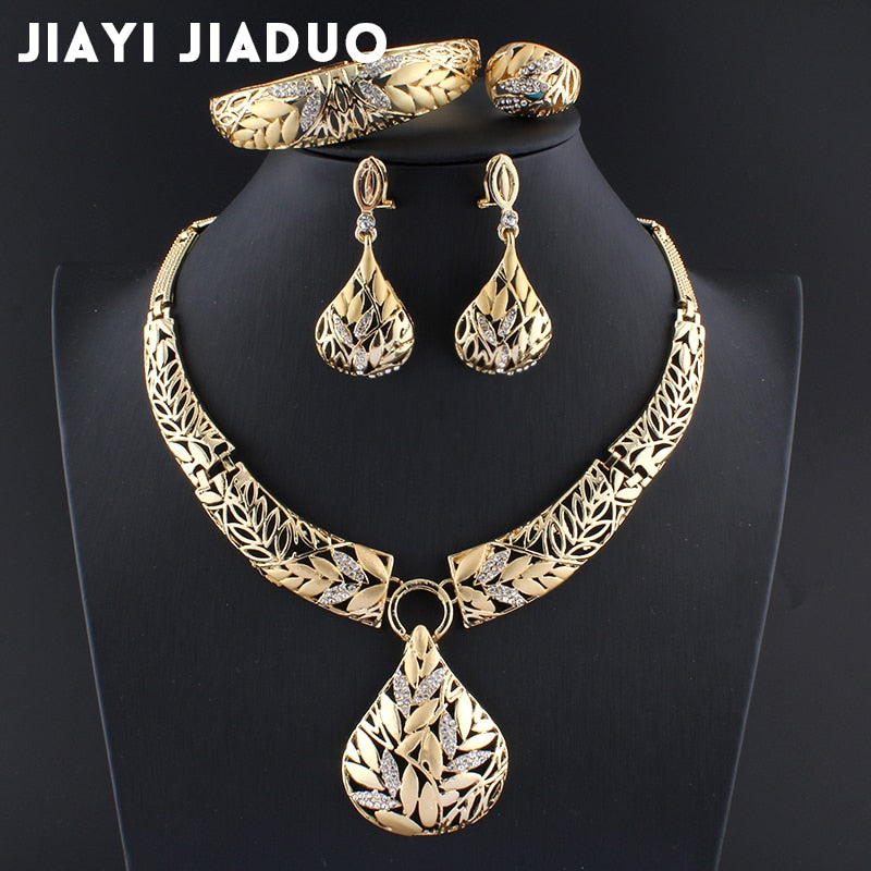 Indian Jewelry Sets Gold Color Necklace Leaf Earring Bracelet Womens Jewelry