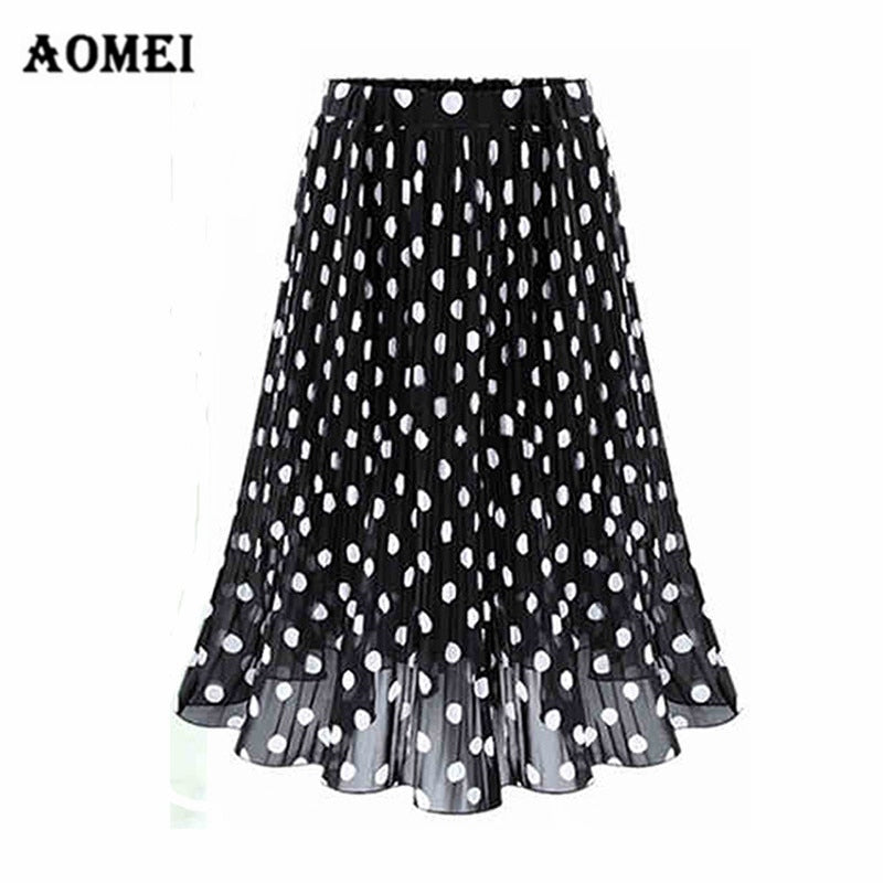 Women Polka Dot Skirt Chiffon High Waist A Line Midi Skirts Sweet Girls Classy Casual