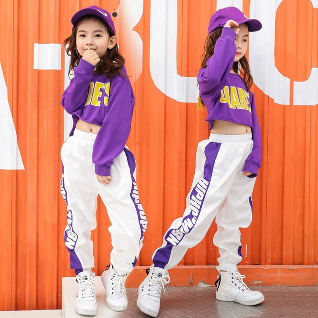 Girls Cotton Letter Crop Top Sport Suit For Dance And Hip Hop Kids