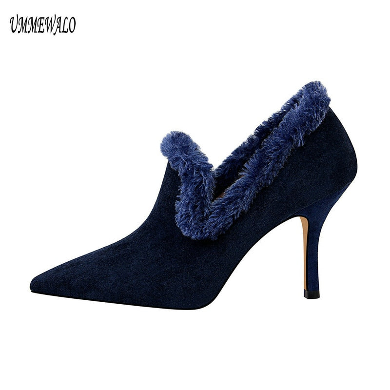 Pointed Toe Sexy Flock High Heels Shoes Women Autumn Winter Faux Fur Pumps Ladies Shoes