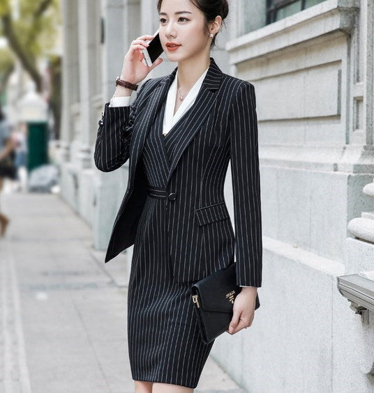 Women Office Wear Dress Suits for Ladies Black White Blue Striped Women's 2 Piece Dresses Set