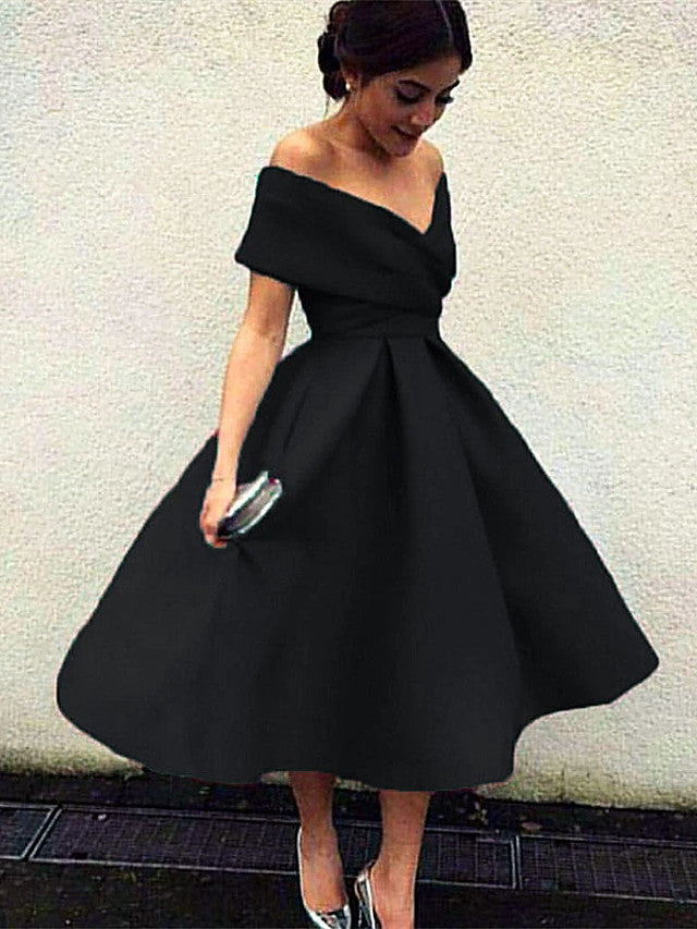 A-Line Elegant Vintage Cocktail Party Formal Evening Dress V Neck Short Sleeve Tea Length Matte Satin with Pleats 2021