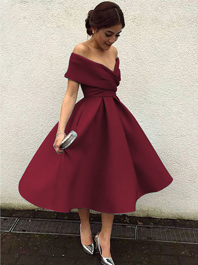 A-Line Elegant Vintage Cocktail Party Formal Evening Dress V Neck Short Sleeve Tea Length Matte Satin with Pleats 2021